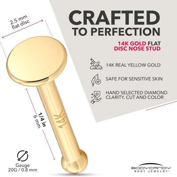 20 Gauge Gold Nose Ring Solid 14k Minimalist Nose Stud for Women Men - Picture 3 of 9